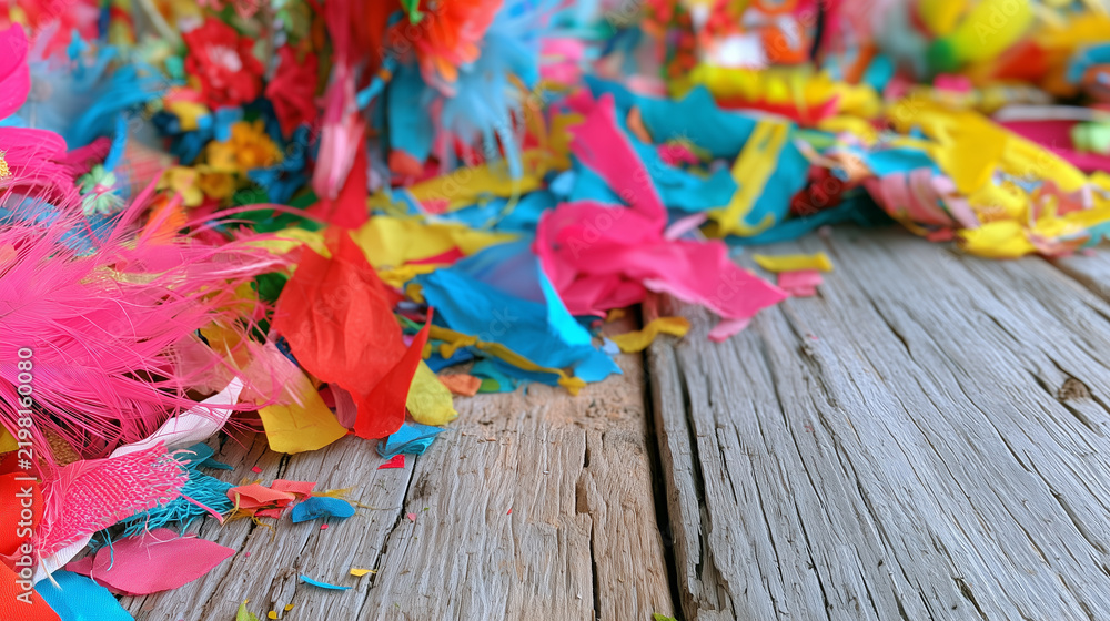 Obraz premium Festive Decoration Inspired by the Vibrant Spirit of Carnaval de San Miguel Featuring Colorful Confetti and Feathers Scattered on a Rustic Wooden Surface