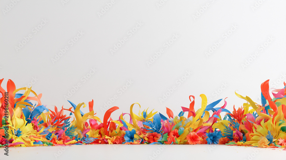 Fototapeta premium Vibrant Paper Art Craft Inspired by the Festive Energy of Carnaval de San Miguel Featuring Colorful Cascading Swirls on a Clean Minimalist Background