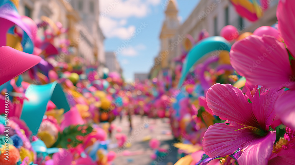 Fototapeta premium Vibrant and festive celebration atmosphere during the iconic Carnaval de San Miguel featuring colorful flowers and decorations in a street parade