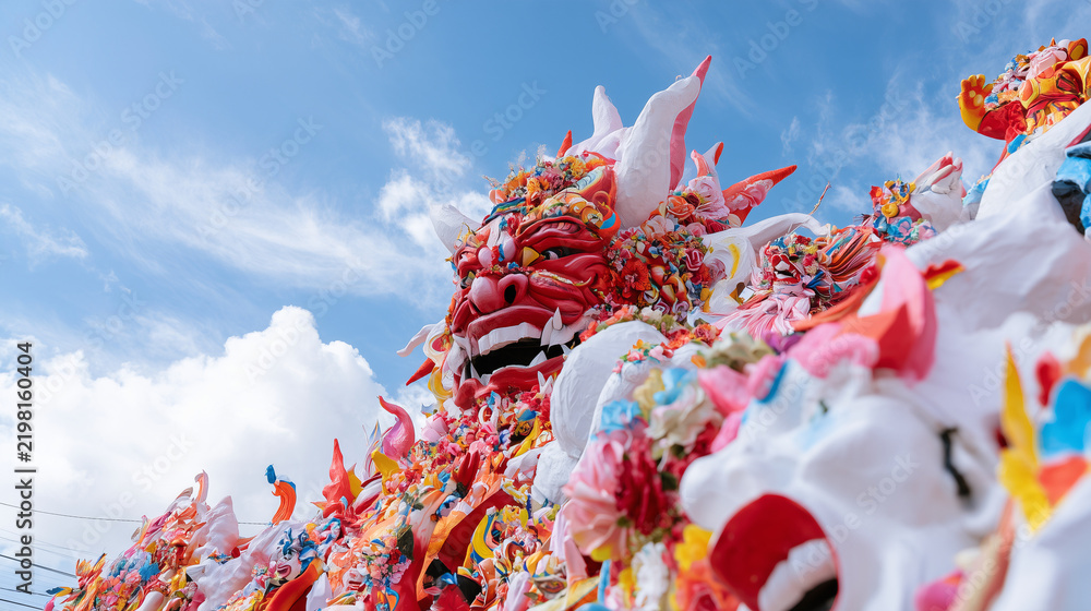 Obraz premium Vibrant artistic masks displayed during the traditional Carnaval de San Miguel celebration featuring intricate colorful handmade paper decorations
