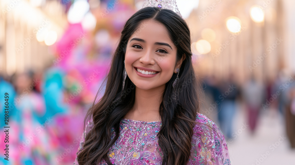 Obraz premium A Radiant Young Queen Smiling Gracefully While Celebrating During The Colorful And Traditional Festivities Of The Carnaval de San Miguel Street Parade