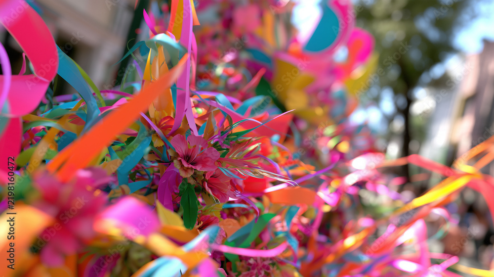 Obraz premium Vibrant and Colorful Festive Decorations Celebrating the Lively Spirit of the Carnaval de San Miguel Street Parade and Traditional Public Celebrations