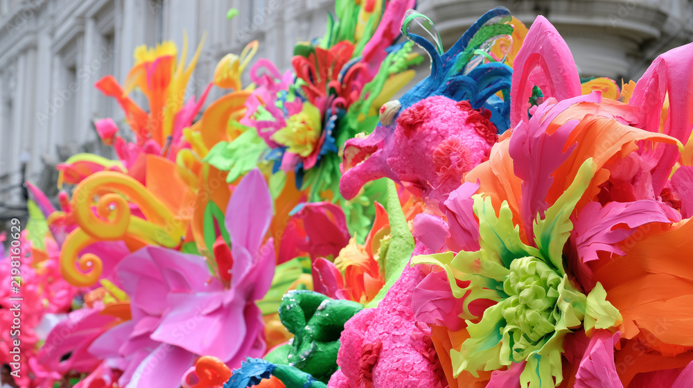 Obraz premium Vibrant and colorful floral decorations showcased during the festive Carnaval de San Miguel celebration depicting artistic creative street parade designs
