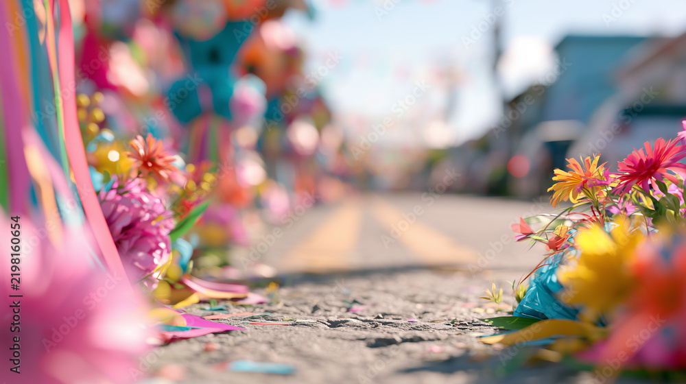 Obraz premium Vibrant Low Angle Perspective of Festive Street Decorations and Colorful Floral Displays During the Lively Carnaval de San Miguel Celebration