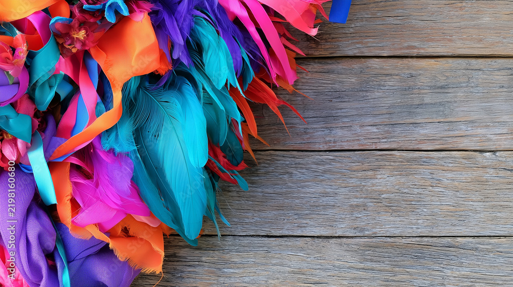 Fototapeta premium Vibrant Festive Decorative Feathers and Colorful Ribbons Celebrating the Spirit of the Carnaval de San Miguel on Rustic Weathered Wooden Background Texture
