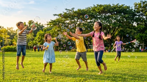 Joyful Group of Asian Children Chasing and Blowing Soap Bubbles in Green City Park