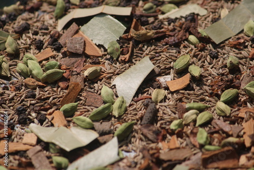 Indian spices. Indian spicy curry masala for making curry in India. Masala tea, Ayurvedic medicine used in India. Ayurveda for good health. Garam masala for meat dishes cinnamon, cardamom ,star anise.