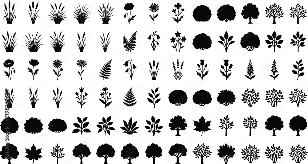 Obraz premium Botanical Plant Tree and Flower Silhouette Collection Isolated on White Background