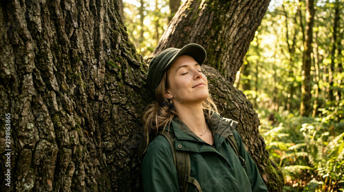 Tired woman resting leaning against large tree trunk in forest