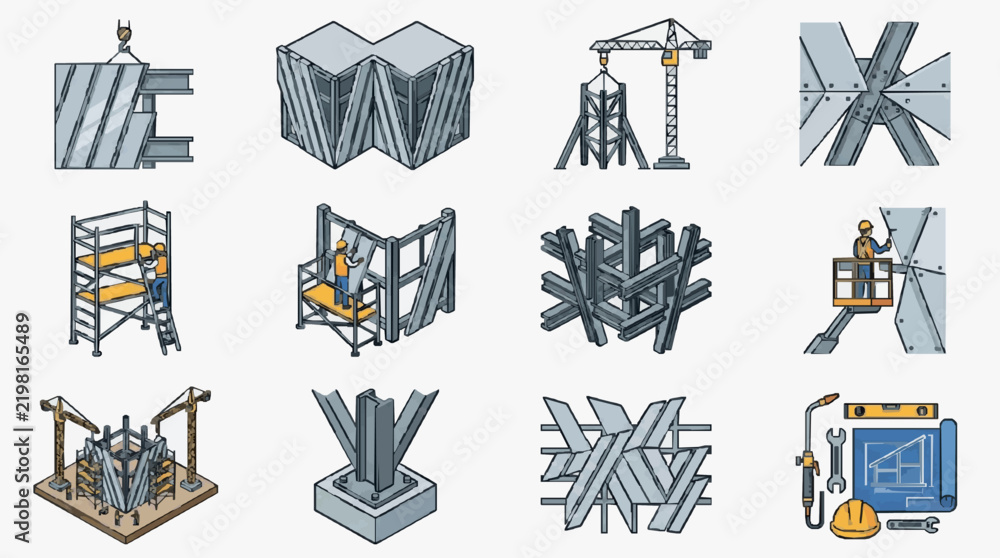 Fototapeta premium Steel Framework Construction Process and Structural Components Infographic