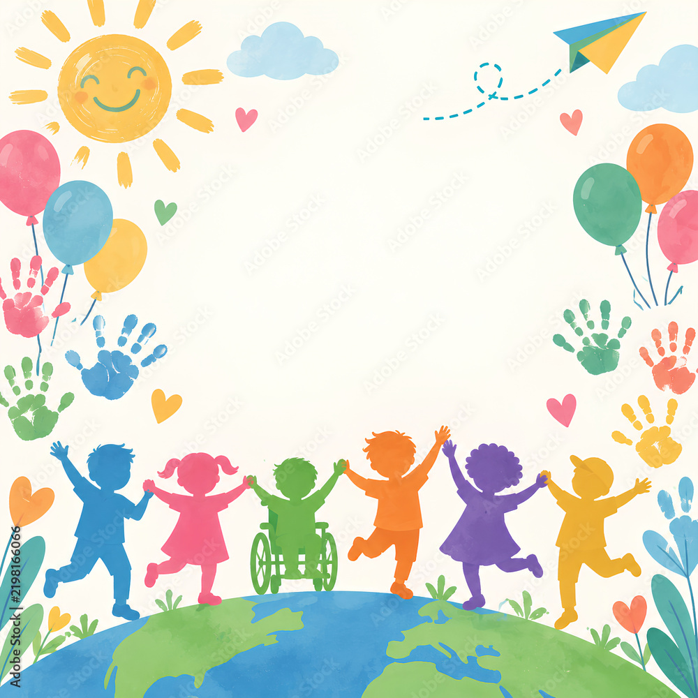 Fototapeta premium Happy Diverse Children Around Earth Symbolizing Global Unity and Inclusion