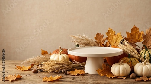 Minimalist autumn dessert display featuring pumpkin pie on cake stand with seasonal decor on neutral tabletop