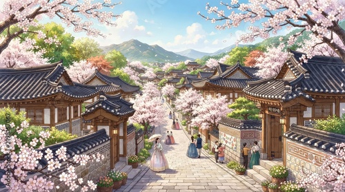Hanok Village Street With Blooming Cherry Blossoms