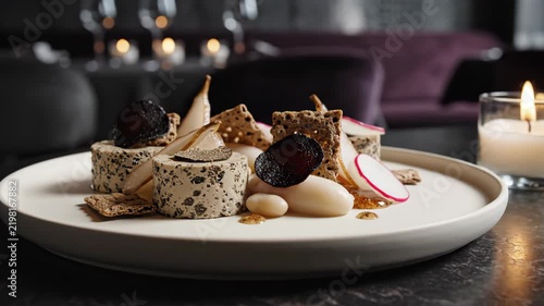 Elegant restaurant tasting plate with peppered plant cheese rounds, pear slices, radish, crisp crackers, white bean cream and dark truffle accents beside candlelight in a refined evening interior