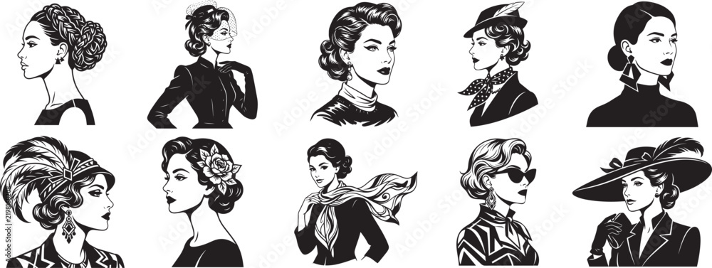 Obraz premium Vintage Women Fashion Portrait Illustration Set
