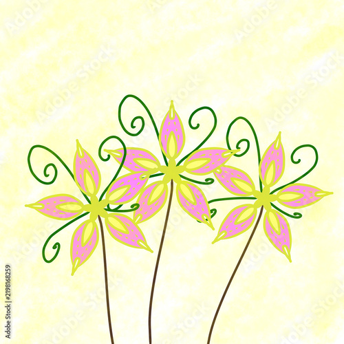 Hand-drawn whimsical pink and yellow flowers illustration on textured light background