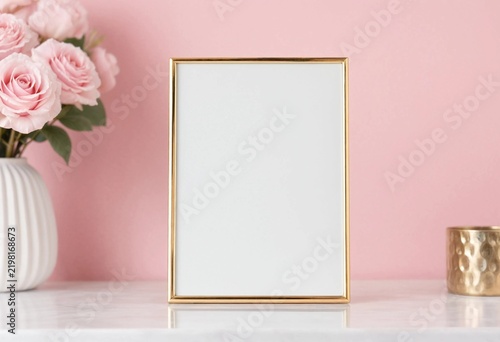 Empty gold picture frame on a bright pink background, creating a minimalist luxury display for photography, artwork, posters, branding, and creative design projects.
