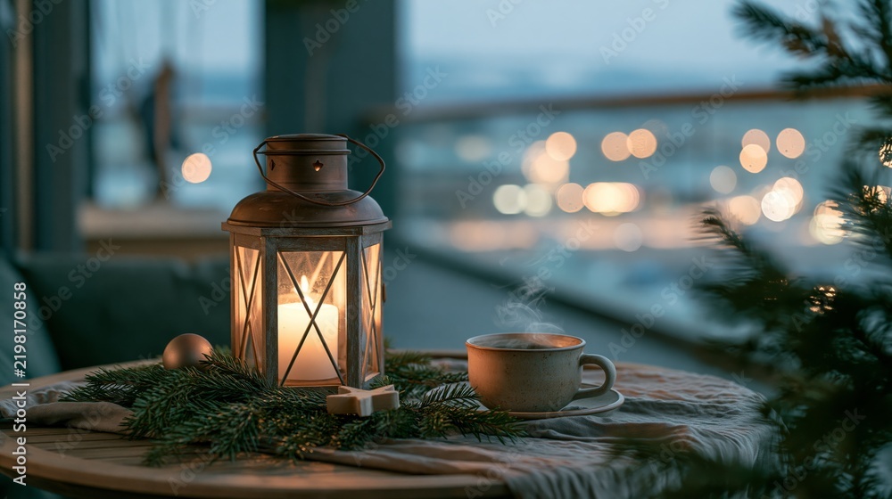 Obraz premium Luxury Christmas Balcony at Blue Hour with Lantern, Evergreen Branch and Steaming Cup, Premium Winter Travel Advertising Photography