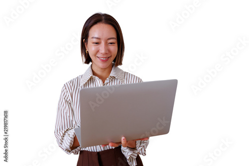 Smiling young asian woman working on laptop, remote work, online learning, or digital communication with transparent background