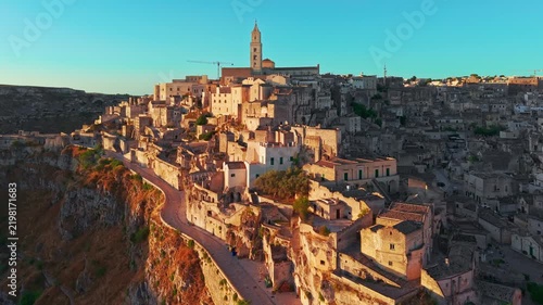 Aerial sunrise view over the ancient city of Matera, Basilicata, Italy