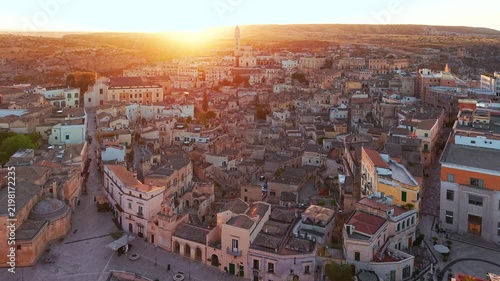 Aerial sunrise view over the ancient city of Matera, Basilicata, Italy