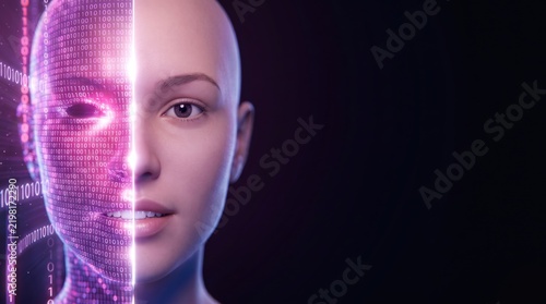 Full-length digital figure woven entirely from binary code