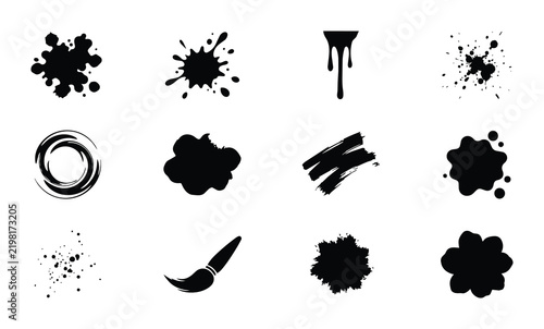 Black Ink Splatter Brush Strokes and Paint Drips Vector Icons Set, Artistic Grunge Textures and Smudges
