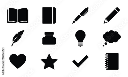 Set of 12 Black Icons: Book, Notebook, Pen, Pencil, Feather, Ink, Lightbulb, Speech Bubble, Heart, Star, Checkmark, Spiral Notebook