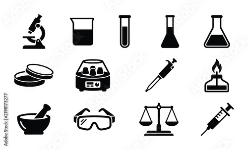 Science Lab Equipment Icons, Medical Research Tools, Chemistry Beakers, Microscope, Pipette, Vector Set
