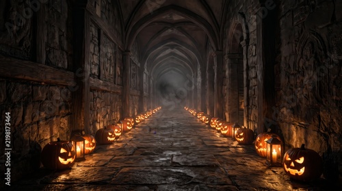 Dimly lit stone corridor with carved pumpkins lining the path
