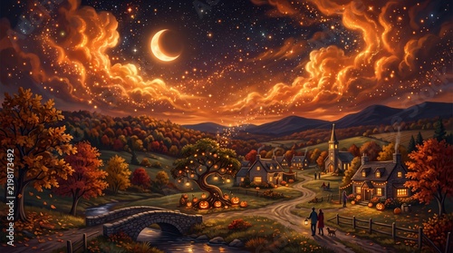Enchanting village under crescent moon with glowing autumn sky