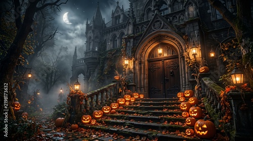 Gothic mansion entrance decorated with glowing pumpkins at night
