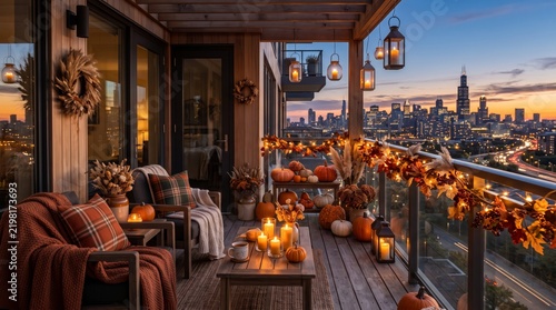 Cozy balcony decorated with pumpkins and candles overlooking cityscape