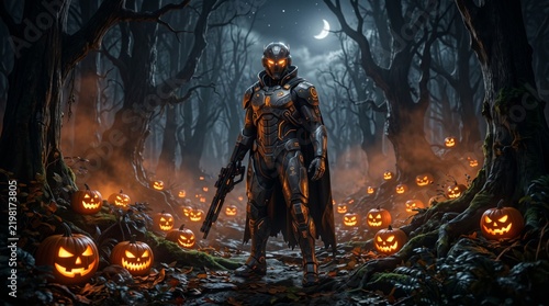 Armored figure standing in eerie forest surrounded by glowing pumpkins