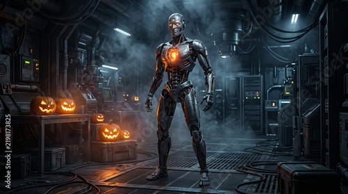 Futuristic robot with glowing chest stands in dimly lit industrial room