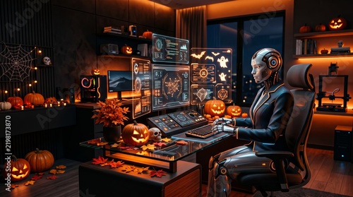 Cyborg working at a computer in a Halloween-themed office at night