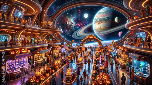 Futuristic space-themed mall with Halloween decorations and crowds