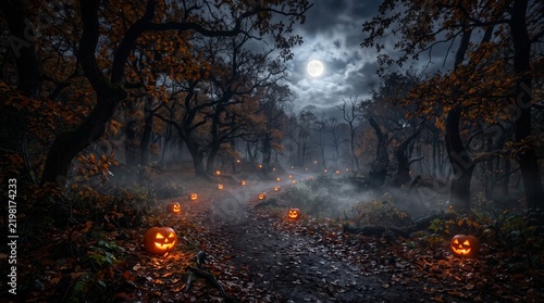 Spooky forest path with glowing jack-o'-lanterns under full moon