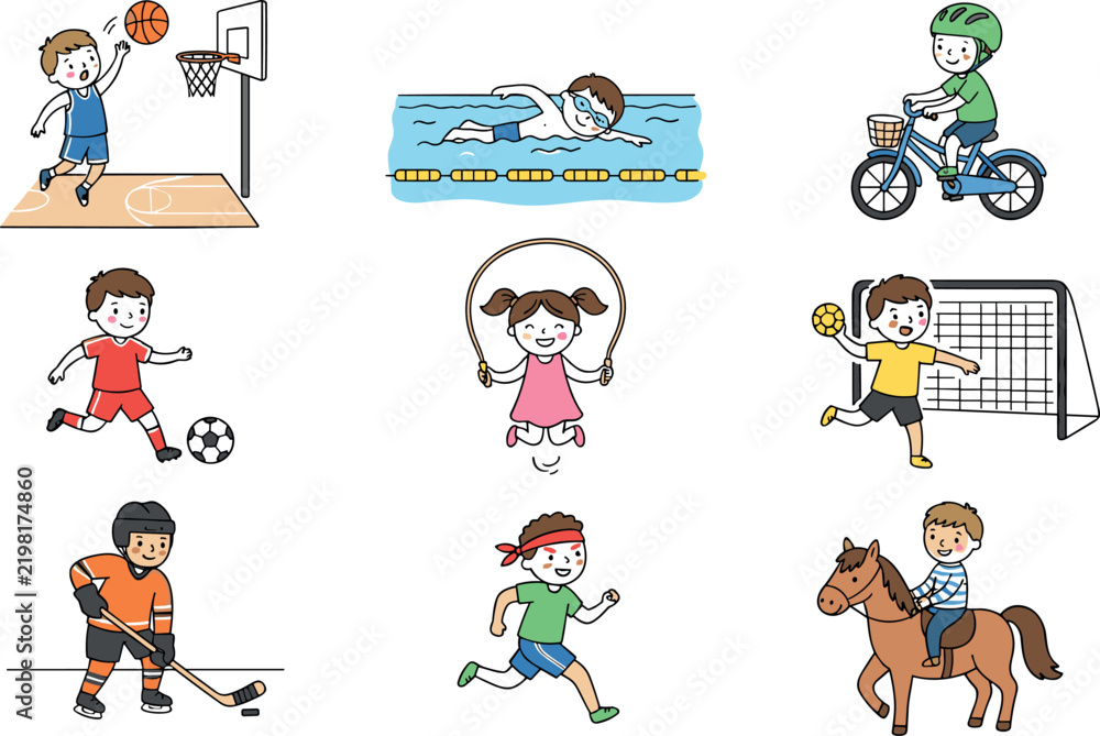 Fototapeta premium Cute children sports vector illustration set featuring kids playing basketball soccer hockey swimming running cycling and horseback riding on white background