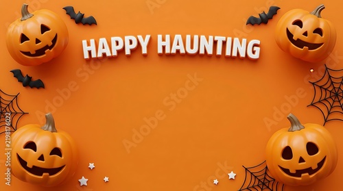 Happy Haunting Halloween Jack O Lanterns With Bats And Spiders Web Design