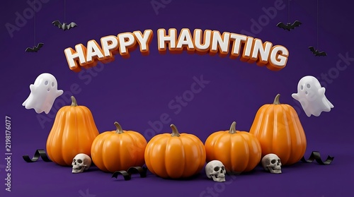 Happy Haunting Halloween Scene with Pumpkins and Spooky Decorations