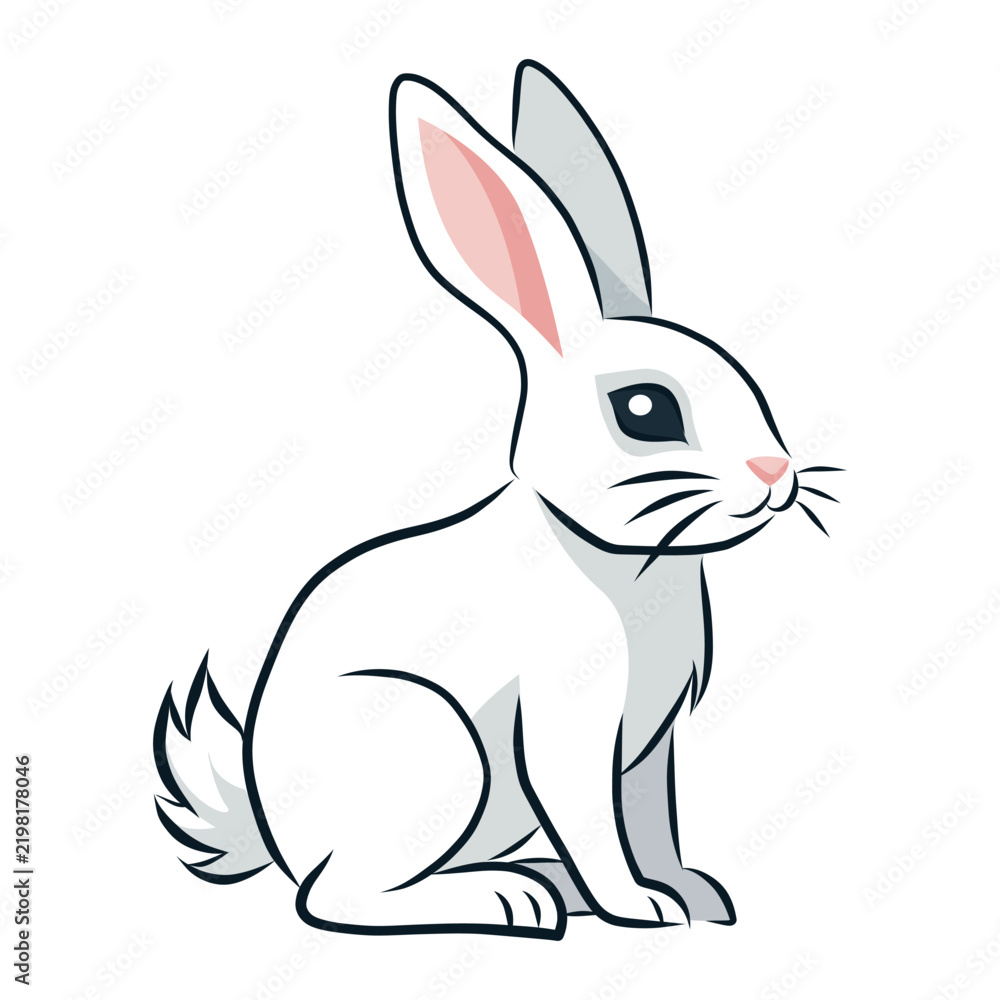Fototapeta premium Clean minimalist vector illustration of a cute white rabbit sitting calmly isolated on white background, professional graphic line art mascot design of a bunny for easter and animal concepts
