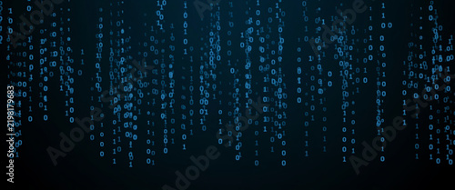 Obraz w ramie Falling binary code matrix numbers on dark blue background representing digital data flow.