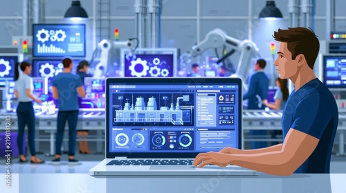 Engineer working on laptop controlling smart factory automation