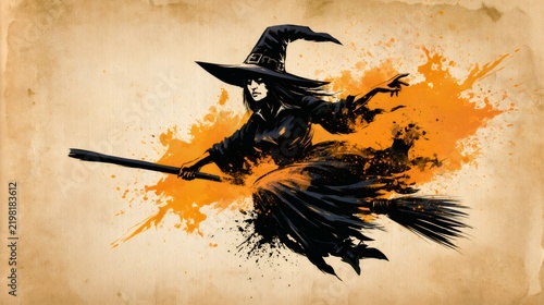 Witch flying broomstick with orange ink splash art