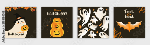 Cute halloween greetings card with pumpkin, autumn leaves, ghost and bat on dark background for greeting cards or social media.  festive holiday celebration design.