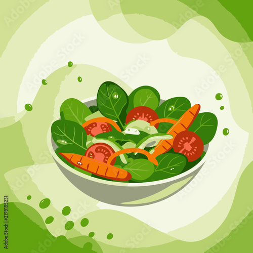 A vibrant illustration of a healthy salad in a bowl. Fresh spinach, tomatoes, cucumbers, and carrots are in a light gray bowl, creating a healthy meal visual.
