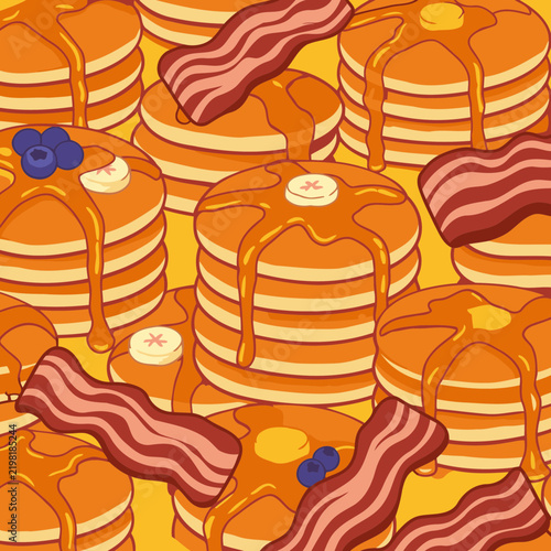 Cartoon breakfast of pancakes, bacon, and fruit with syrup on a yellow background. Stack of pancakes with toppings and bacon strips in a breakfast pattern.
