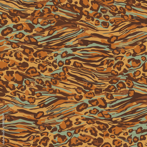 Brown and beige leopard print with teal stripes. Abstract animal print design for fashion or textile. Multi-purpose design for various stock use -