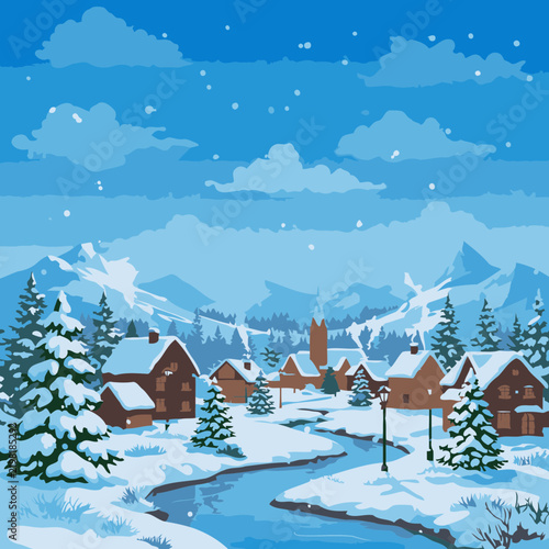Snowy alpine village at dusk with twinkling lights, showcasing a tranquil winter scene. Cozy, traditional wooden houses nestled beside a frozen river in a pine-covered valley.
